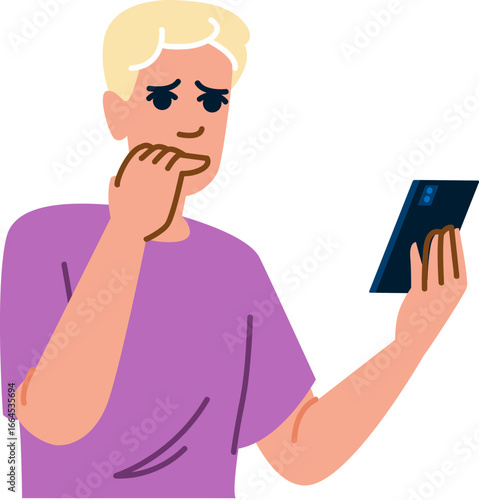 Worried young man biting fingernails while reading bad news on smartphone