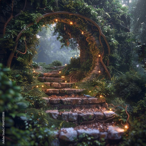 Lush green forest archway made of intertwining vines and branches, stone steps illuminated by warm, soft lights leading to mysterious clearing