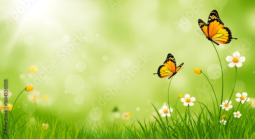 Two Orange Butterflies on Spring Flowers