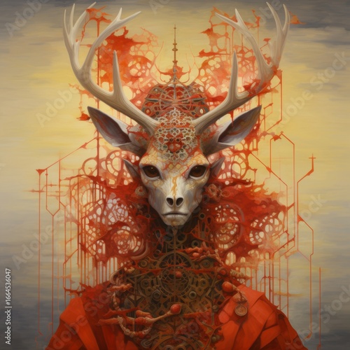 Surreal deer creature with intricate antler design and ornate facial patterns, artistic red and gold abstract background with mechanical and organic elements