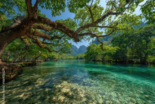 Lush, turquoise lagoon, trees arching over