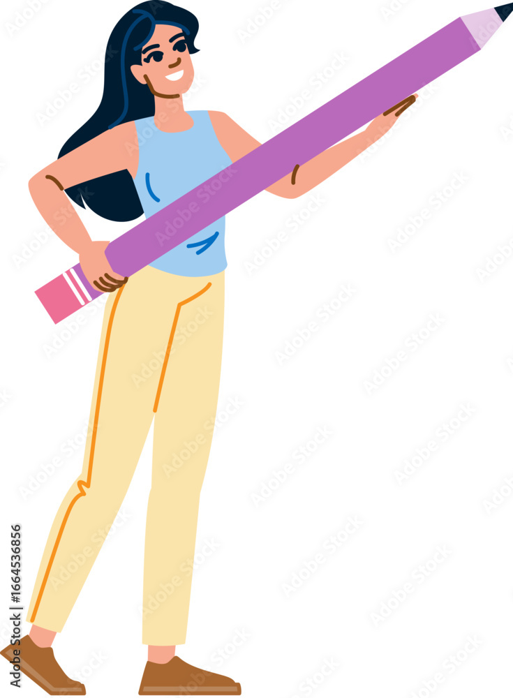 Fototapeta premium Smiling woman holding big pencil pointing upwards