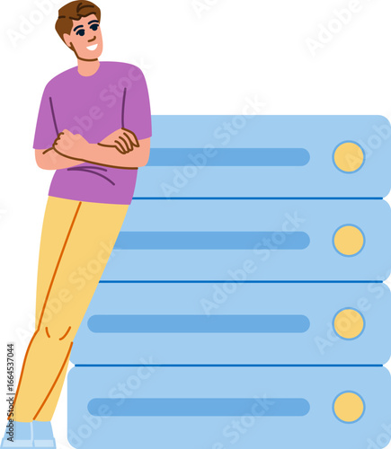 Programmer leaning on server rack, efficient data management and it solutions