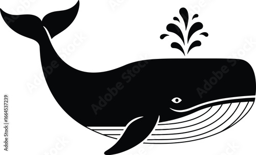 Whale silhouette illustration, black and white vector, ocean animal design, water spout detail, baleen whale profile, minimal marine artwork