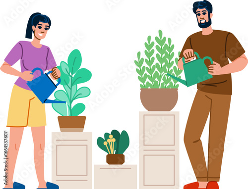 Couple watering plants at home, enjoying their hobby together
