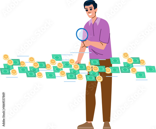 Man analyzing flow of money with magnifying glass, investment, finance, and growth