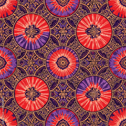 Seamless Pattern, Tie dye pattern featuring kaleidoscopic circular motifs with a colorful boho vibe Stock royalty free