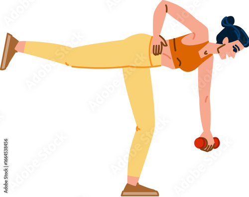 Woman exercising with dumbbell, performing single leg deadlift with back leg raised