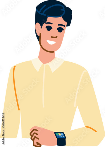 Smiling businessman checking time on smartwatch, modern professional utilizing wearable technology