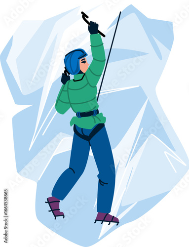 Ice climber ascending frozen waterfall using ice tools and crampons