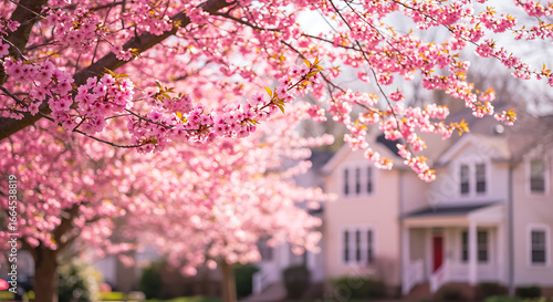 Pink Blossoms, Spring Day, Suburban Homes
