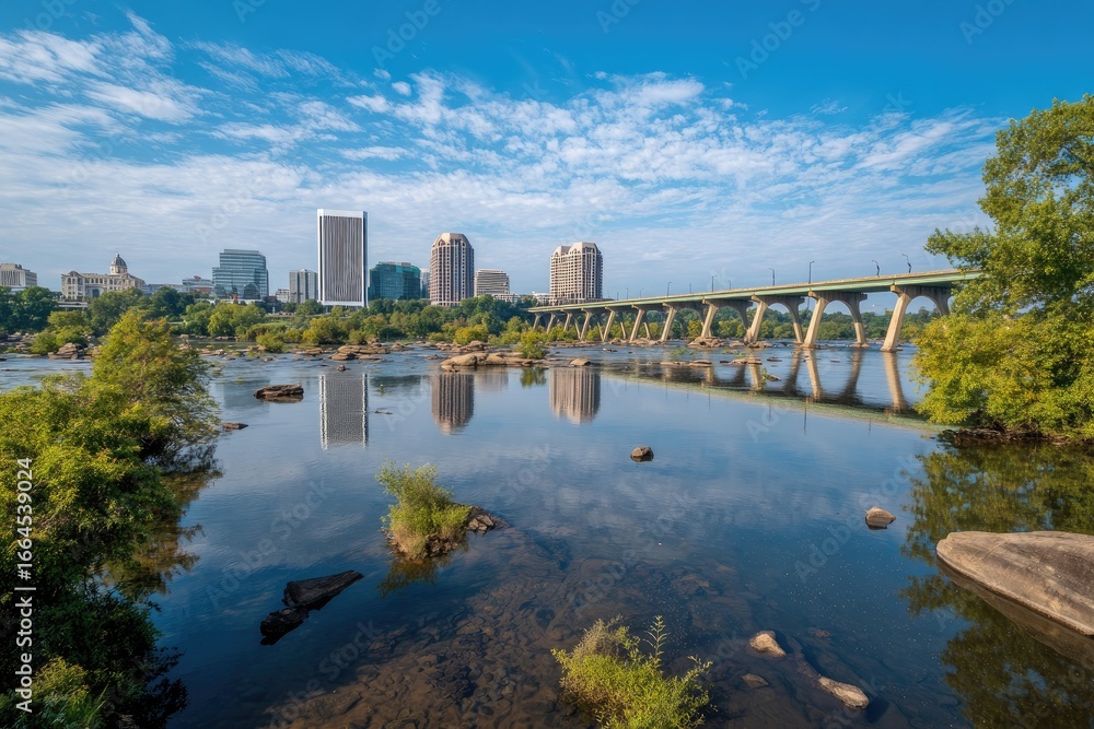 Fototapeta premium Calm river reflects city skyline under a partly cloudy sky
