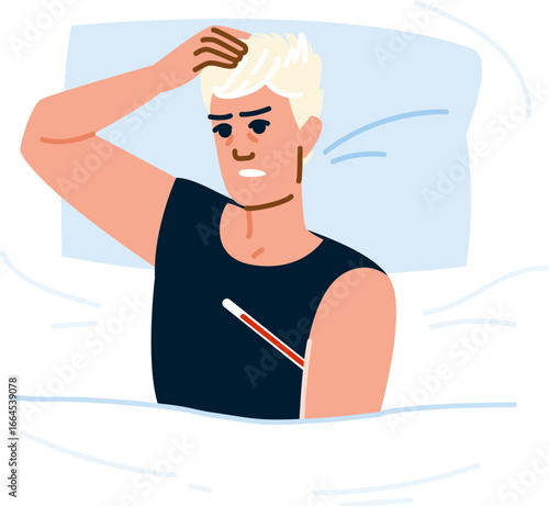 Sick man suffering from cold or flu measuring temperature with thermometer in bed