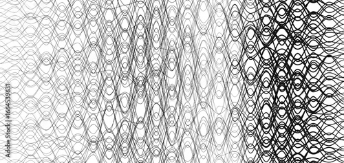 Chaotic black and white lines form a complex and abstract waveform interference line pattern.