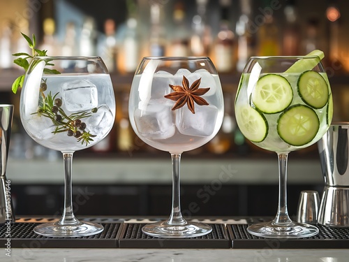 Three craft gin cocktails with botanical garnishes on professional bar