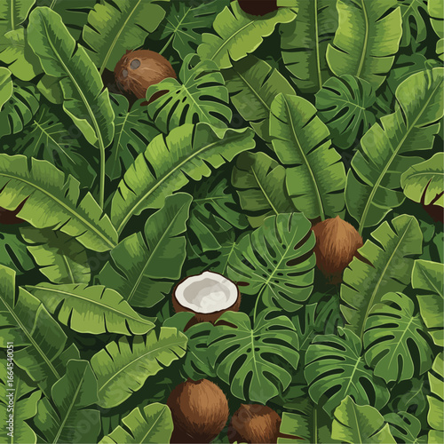 Seamless Pattern, Tropical paradise lush foliage with coconuts and monstera leaves design Stock royalty free