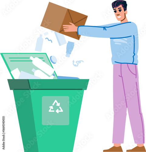 Man recycling plastic bottles and paper in green bin