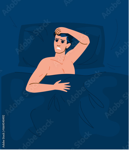 Man suffering from insomnia lying in bed trying to sleep