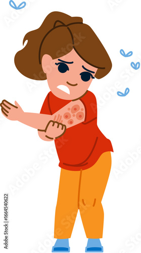 Young girl scratching itchy rash on arm suffering from chicken pox