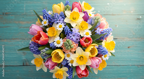 Colorful Spring Flower Bouquet on Wooden Table