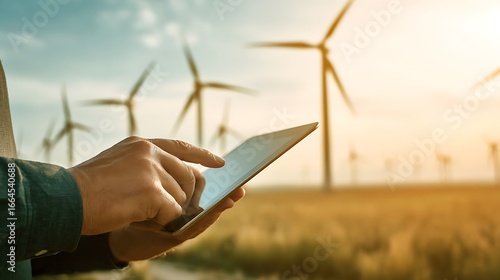 Digital Technology Optimizing Wind Power: Person using a Tablet near Wind Turbines in a field at sunset