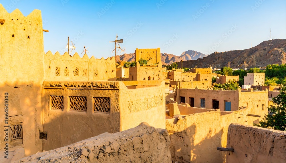 Fototapeta premium Ancient village, sunlight on ochre-hued buildings