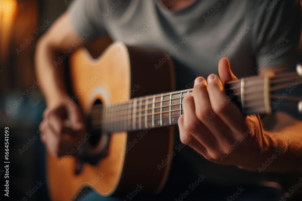 Fototapeta premium A person in a gray shirt is playing an acoustic guitar, focusing on the hand strumming and fretting the strings in a cozy indoor setting