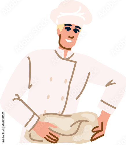 Baker kneading dough, professional baker crafting bread in bakery kitchen