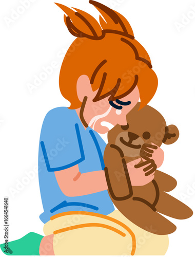 Sad child hugging teddy bear while crying
