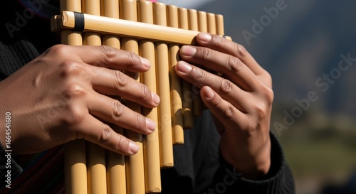 Close-up of musician playing traditional Andean pan flute instrument