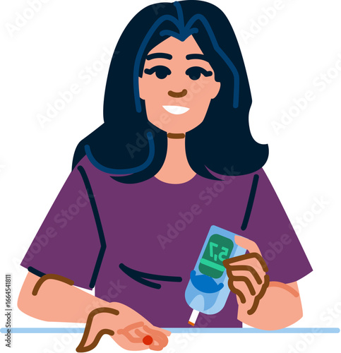Young woman checking blood glucose level using portable glucometer device