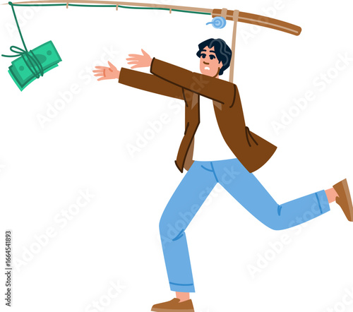 Businessman running after escaping money attached to fishing rod