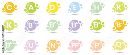Vitamin complex set of multivitamin. Colored vitamin complex. Vitamin shining pill, 3D drop capsules. Multivitamin supplement. Vitamin Vector illustration.
