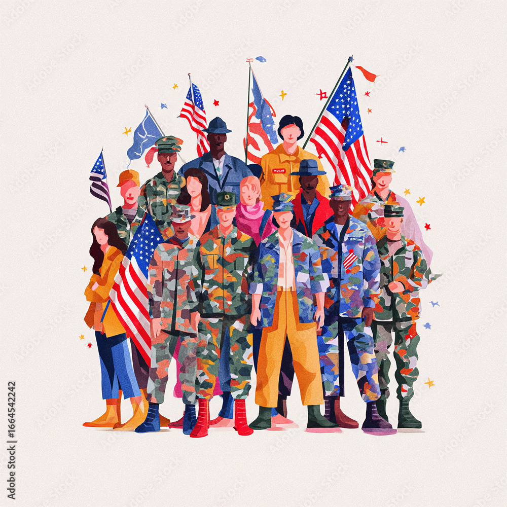 Diverse group illustration of service members with flags, embodying patriotism, unity and gratitude. Ideal for veterans day and memorial day related content. Diverse group illustration of service members with flags, embodying patriotism, unity and gratitude. Ideal for veterans day and memorial day related content.