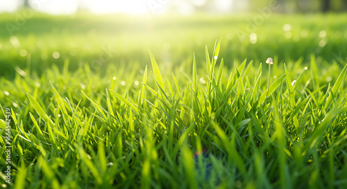 Close-up Vibrant Green Grass Blades Sunlit Meadow