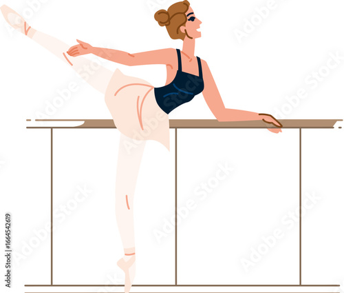 Ballerina practicing at barre, maintaining graceful posture and stretching leg