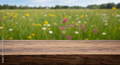 Rustic Wooden Tabletop, Blurred Wildflower Meadow Background