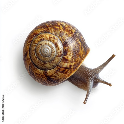 High-angle view of a snail with a brown spiral shell, emerging from its shell