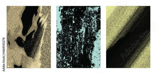 Abstract grunge texture triptych – vintage retro art backgrounds. triptych abstract vector art with sandy, grainy stippling and halftone shapes.