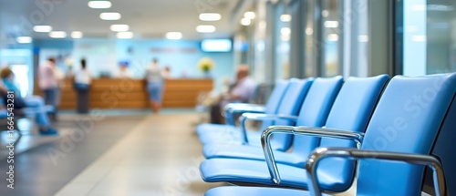 Empty blue chairs line a bright, modern waiting area in a hospital or medical clinic, with people and a reception desk in the background