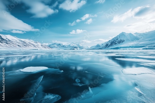 Frozen ice landscape with majestic mountains and lake floor. Created with generative AI