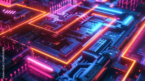 Glowing neon futuristic geometric digital composition. Created with generative AI