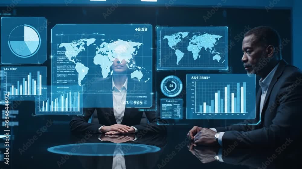 Executives in a high-tech boardroom reviewing holographic world maps and analytics dashboards—global strategy, finance, data-driven decisions, corporate tech scene. generative AI