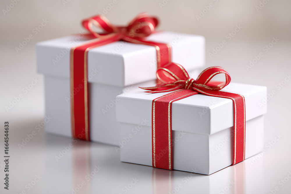 Obraz premium Wrapped Treasures: Two elegantly presented gifts sit side-by-side. Each box, adorned with a crimson ribbon, adds a touch of festivity, hinting at the special occasion it celebrates.