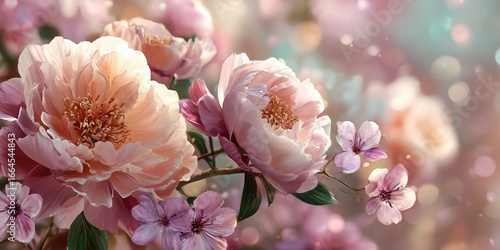 Soft pink peonies with romantic pastel background. Created with generative AI
