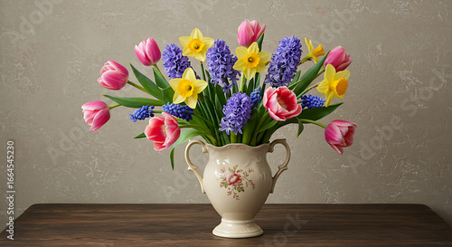 Spring Flowers in Vintage Vase on Wooden Table