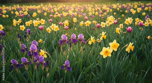 Spring Meadow: Colorful Irises and Daffodils at Sunset