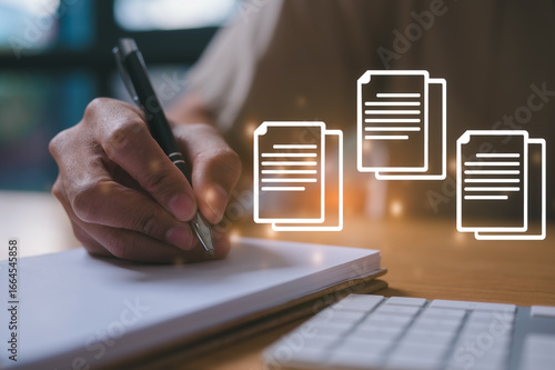 Close-up of hand writing on notebook with digital task list overlay symbolizing productivity, task management, planning, organization, goals, workflow, business strategy, and efficiency