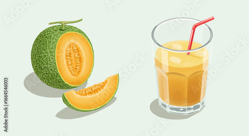 Fresh Cantaloupe Melon Juice with Slices and Ice in a Glass - Refreshing Summer Drink