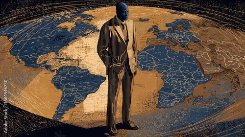 A person in a suit stands before a detailed world map.